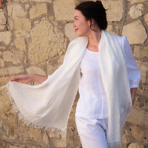 Softened linen fringe scarf, gifted long lightweight shawl, wahsed sheer breathable linen scarf, autumn spring men,femine fashion for women