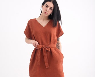 Linen Dress. Loose Silhouette Linen Dress with pockets and tying belt. Linen Summer Tunic