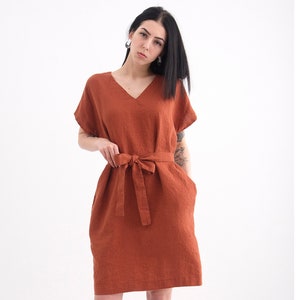 Linen Dress. Loose Silhouette Linen Dress with pockets and tying belt. Linen Summer Tunic