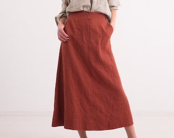 Linen Midi Skirt - A-Line, Stone-Washed, Elastic Waist, with Pockets