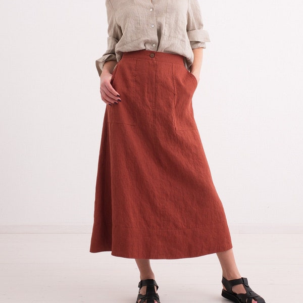 Linen Midi Skirt - A-Line, Stone-Washed, Elastic Waist, with Pockets
