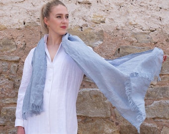 Light Natural Linen Scarf, Pure Linen, Trending Item, Fringed Scarf