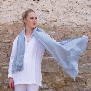 Ladies scarf fringe, pure linen wrap long lightweight shawl, washed sheer breathable softened linen gifted scarf, femine fashion for women