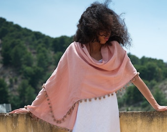 Linen Scarf Shawl. Natural soft washed linen scarf. Linen Woman Scarf with Pom-Pom trim. Linen Gift