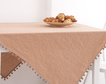 Table Linens, Pom Pom Tablecloth, Linen Tablecloth, Kitchen Tablecloth, Dining Tablecloth