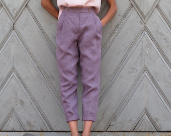 Women linen trousers. Softened, washed linen women's pants. Elegant, classic, high waist trousers with pockets.