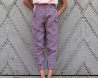 Women linen trousers. Softened, washed linen women's pants. Elegant, classic, high waist trousers with pockets.