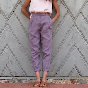 Women linen trousers. Softened, washed linen women's pants. Elegant, classic, high waist trousers with pockets.