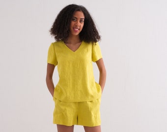 Linen V-Neck Top - Women's Casual Short Sleeve Blouse in Natural Yellow