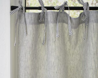 Light Filtering cafe linen drapery, short window country style curtains with tie tops, natural striped kitchen curtains.22/11