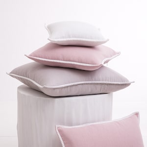 Linen Pillow Cover. Washed linen pillowcase with pom-poms. French-style custom size linen pillow for living room.