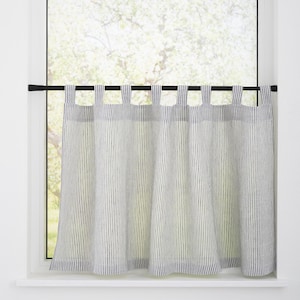 May include: A pair of white and blue striped linen cafe curtains with a black curtain rod.