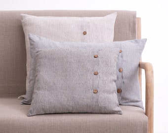 Striped Linen Pillow Covers with Button Closure