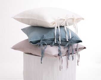 Handmade Linen Pillow Covers with Ties - Neutral Tones, Eco-Friendly, Decorative Cushion Cases, Boho Home Decor