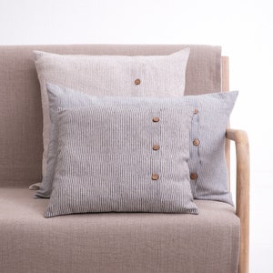 Striped Linen Pillow Covers with Button Closure