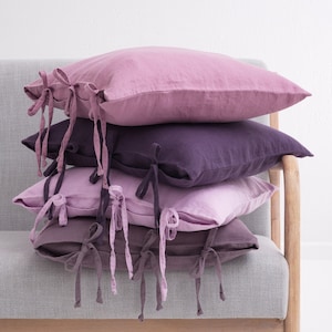 Pastel Linen Pillow Covers with Tie Closure - Elegant Rustic Home Decor in Soft Pink and Deep Purple Tones