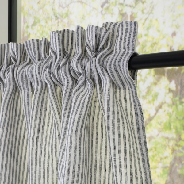 Ruffle Header Linen Window Curtains, Short Cafe Panels for Farmhouse Kitchen