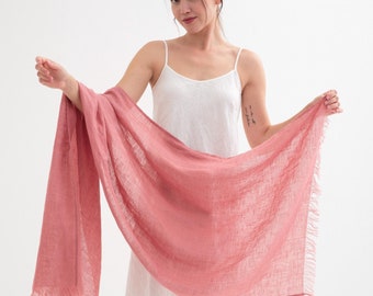 Linen fringe scarf, gifted long lightweight shawl, wahsed sheer breathable softened linen scarf for summer, femine fashion for women