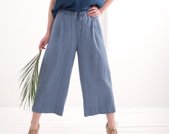 Linen Trousers, Linen Women Capri Pants, Linen culottes with Pockets and Elastic Waist.