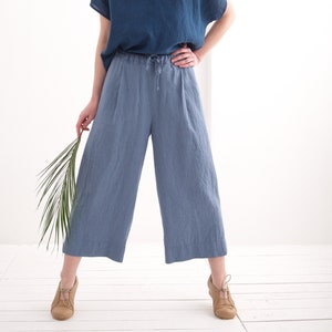 Linen Trousers, Linen Women Capri Pants, Linen culottes with Pockets and Elastic Waist.