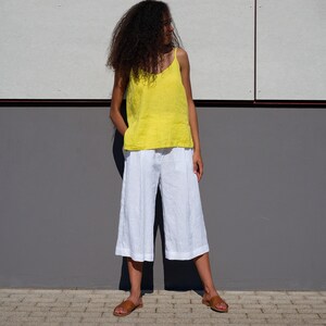 Washed linen culottes, womens wide leg trousers, elastic waist linen skirt pants. image 4