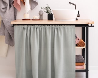 Kitchen cupboard farmhouse drapes, bookshelf valances, stone washed linen curtains for kitchen shelf.