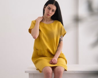 Linen Dress. Loose Silhouette Linen Dress with pockets and tying belt. Linen Summer Tunic