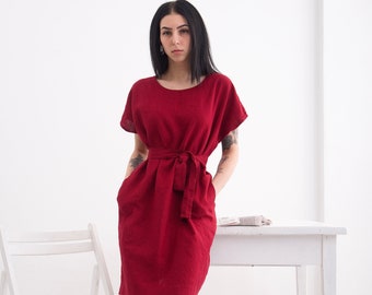 Linen Dress. Loose Silhouette Women Linen Dress with pockets and tying belt. Linen Summer Tunic