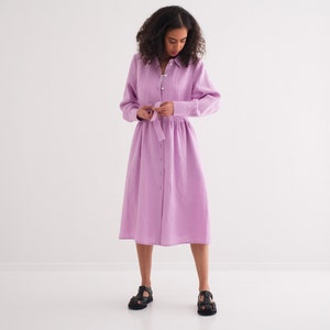 Linen Dress,  Linen Loose Dress, Midi length, Dresses with long sleeves and front buttons.