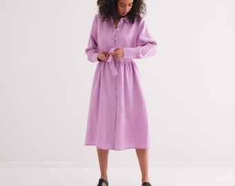 Linen Dress,  Linen Loose Dress, Midi length, Dresses with long sleeves and front buttons.