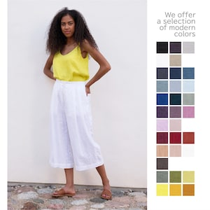 Washed linen culottes, womens wide leg trousers, elastic waist linen skirt pants.