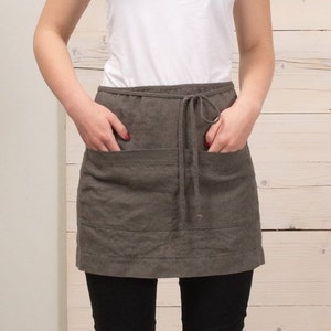 Natural linen half apron, gardening apron with pocket, soft, stone washed hair stylist apron, womens cooking craft half apron. 23. Taupe