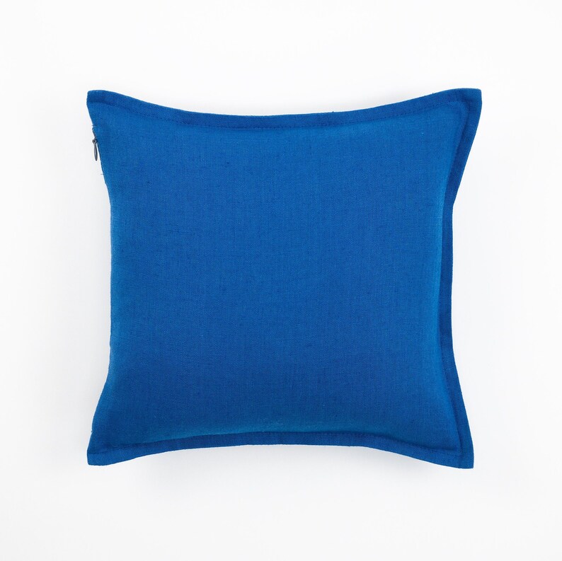 Classic blue linen pillow cover displayed against a white background.