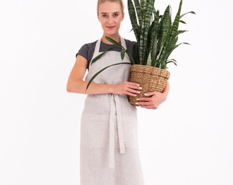 Full gardening apron with pockets, Natural linen apron, soft womens cooking aprons, for barbers or bakers, womens florist apron