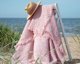 Linen throws and blankets with fringes, Soft boho farmhouse bedspread, Pink linen and cotton blend sofa throw