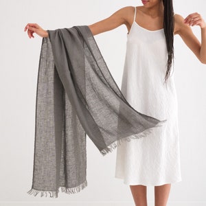 Natural Linen Scarf, Pure Linen, Trending Item, Fringed Scarf Gray