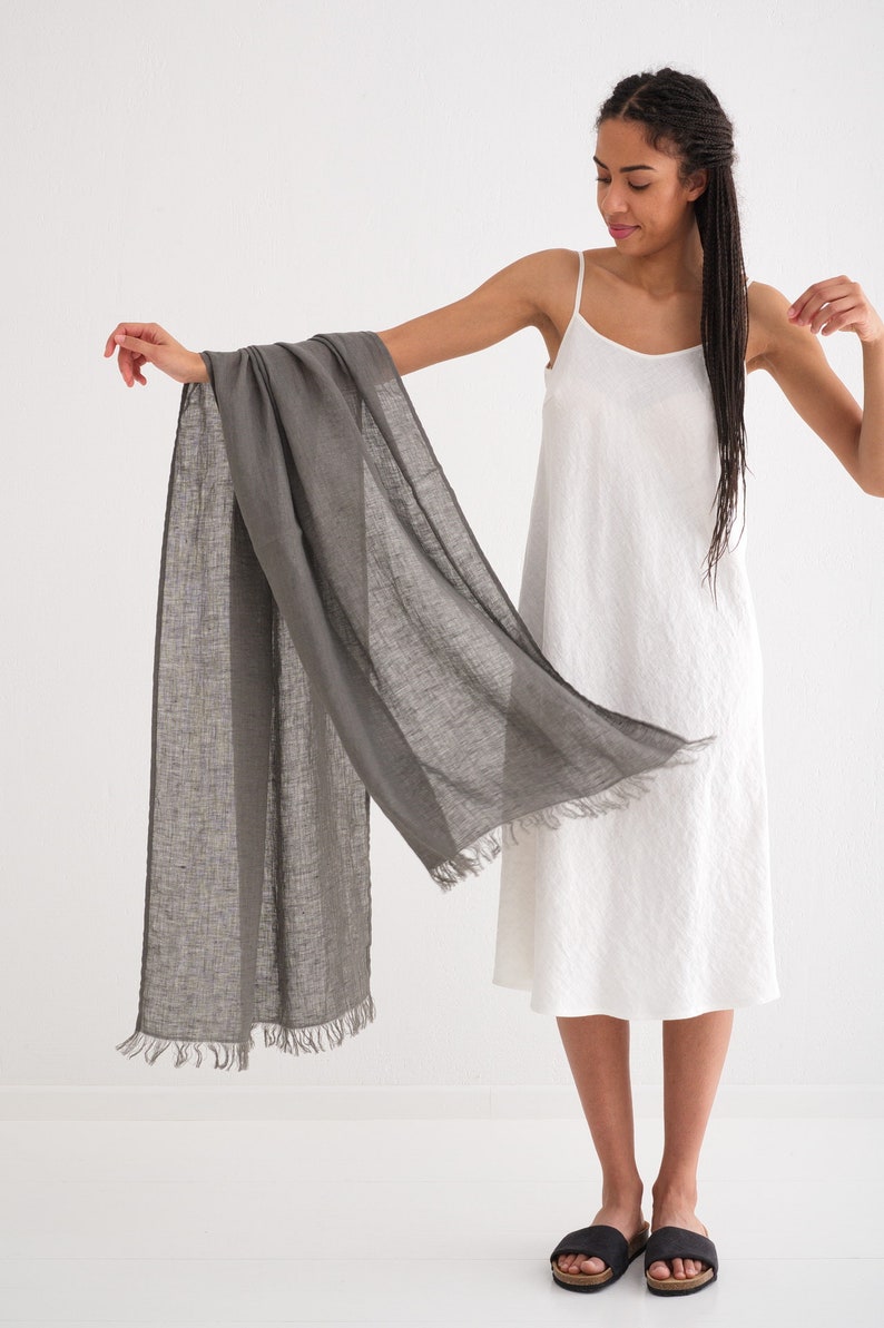 Natural Linen Scarf, Pure Linen, Trending Item, Fringed Scarf Gray