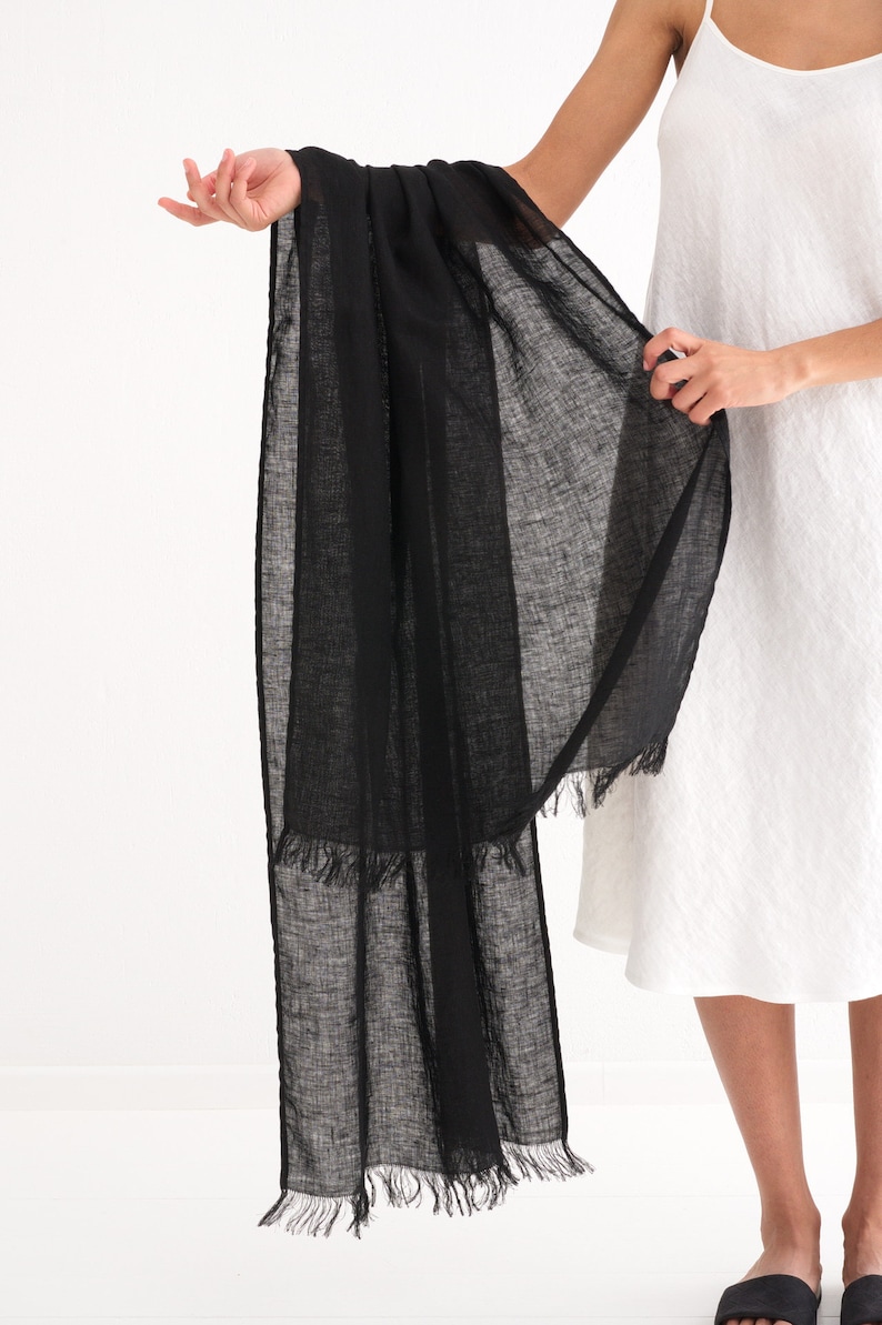 Natural Linen Scarf, Pure Linen, Trending Item, Fringed Scarf Black