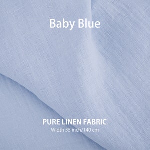 Close-up of baby blue natural linen fabric by the yard, showcasing the texture and premium European quality of the best flax textiles, available in natural colors from a linen fabric store.