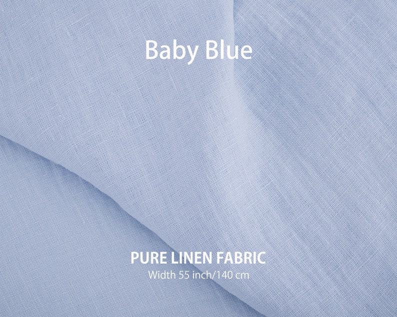 Close-up of baby blue natural linen fabric by the yard, showcasing the texture and premium European quality of the best flax textiles, available in natural colors from a linen fabric store.