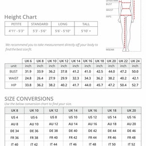 May include: A size chart for women's clothing in inches. The chart shows the measurements for bust, waist, and hip for different UK sizes, from size 6 to size 24. The chart also includes a conversion chart for US, AU, DE, FR, IT, and JP sizes.