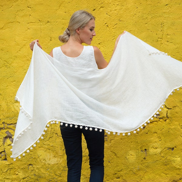 Linen Scarf Shawl. Natural soft washed linen scarf. Linen Woman Scarf with Pom-Pom trim