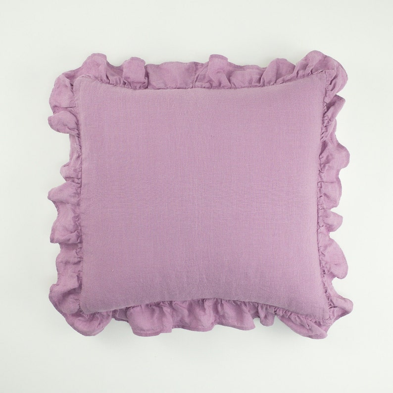 Linen Pillow Sham with Ruffles, Natural Linen Bedding, Bedroom Ruffled Linen Cushion Cover, Linen Throw Pillow for Cozy Home Decor Lilac