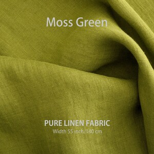 "Elegant Moss Green pure linen fabric available by the yard, featuring top-notch European flax textiles in natural colors, on sale at a distinguished washed linen fabric store."