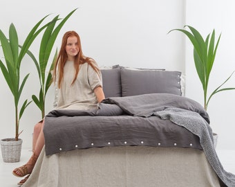 Leinen Bettbezug, Bettwäsche mit Knöpfen, Benutzerdefinierte Farbe Leinen Bettbezug