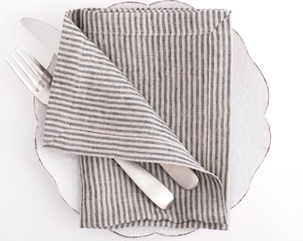 Serviettes en lin rayé naturel – Doux et élégant – 16 x 16 pouces/40 x 40 cm, parfaites pour un cadre décontracté et formel