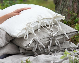 Linen pillowcase with ties, handmade pillow cover, natural linen pillow sham, organic linen tie closure cushion cover.