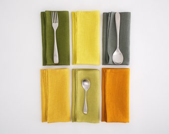 Serviettes de table en lin vertes et jaunes - tons ocre, matière organique, respectueux de l'environnement, 17 x 17 pouces