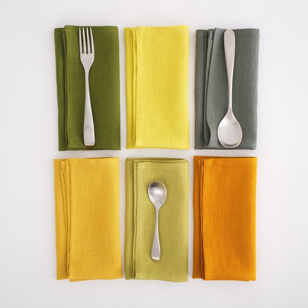 Green & Yellow Linen Napkins - Earthy Tones, Organic Material, Eco-Friendly, 17x17 inches