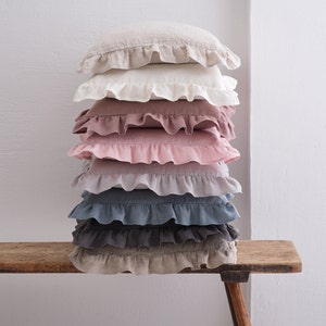 Linen Pillow Sham with Ruffles, Natural Linen Bedding, Bedroom Ruffled Linen Cushion Cover, Linen Throw Pillow for Cozy Home Decor image 3